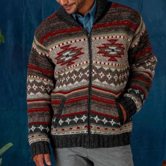 handmade Other - Handmade mens wool cardigan southwest geometric design fleece lined pockets XXL